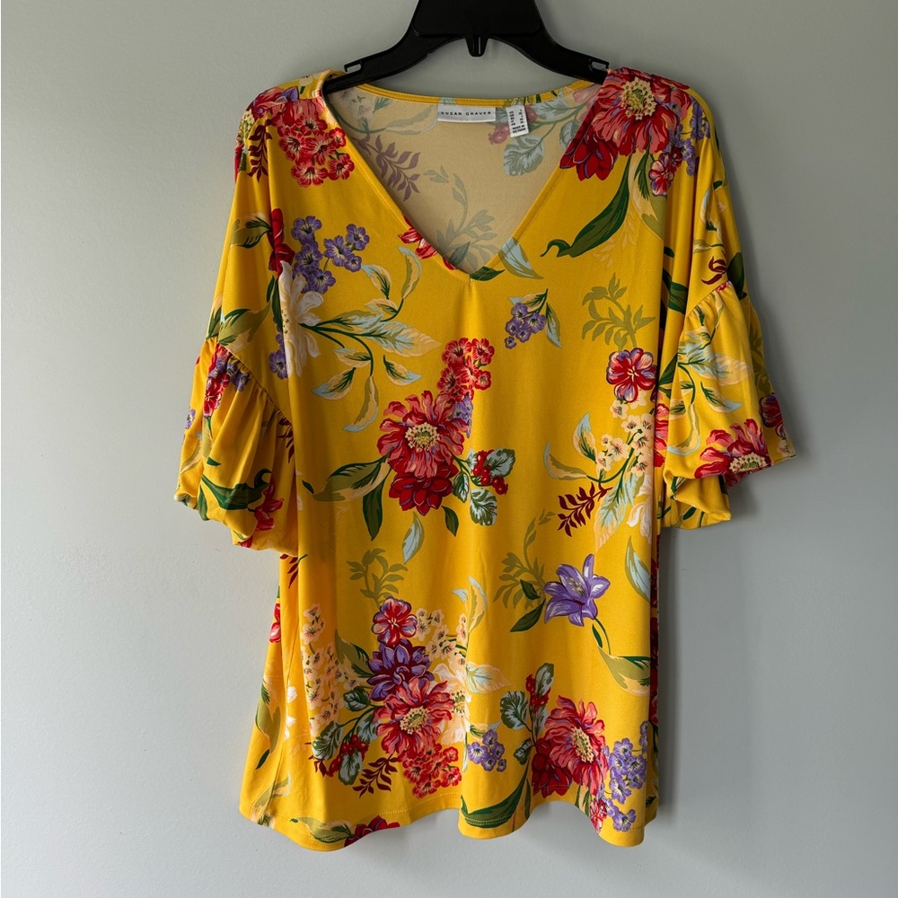 Susan Graver Size L Yellow Floral V Neck Blouse